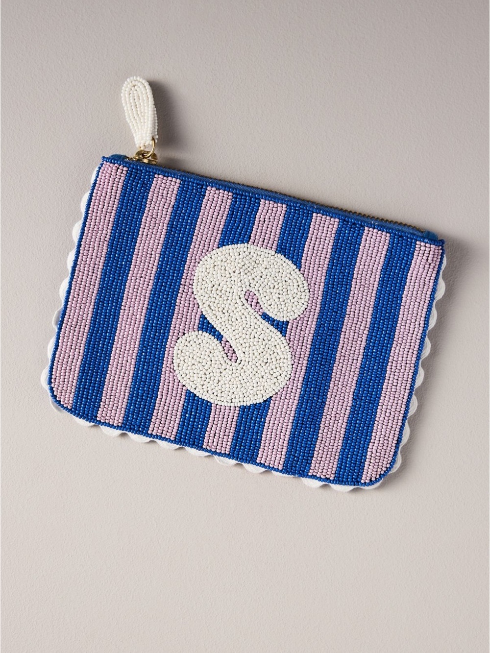 Anthropologie Beaded Stripe Initial 'S' Wristlet Pouch in Blue and Pink